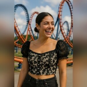 Women Black Lace Puff Sleeve Crop Top